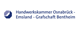 Logo der Handwerkskammer Osnabrück-Emsland-Grafschaft Bentheim mit blauem Schriftzug und sechseckigem Symbol.
