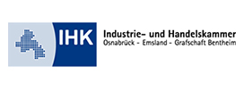 Logo der IHK Osnabrück, Emsland, Grafschaft Bentheim; blauer Hintergrund mit stilisierter Karte Deutschlands.
