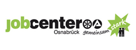 Logo des Jobcenters Osnabrück mit stilisiertem Text und einem grafischen Element.