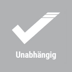 Grau-weißes Häkchen-Symbol mit dem Wort "Unabhängig" auf grauem Hintergrund.