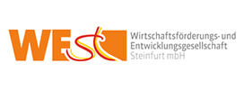 Logo mit Schriftzug "Wirtschaftsförderungs- und Entwicklungsgesellschaft Steinfurt mbH", links orangene Buchstaben "WESt".