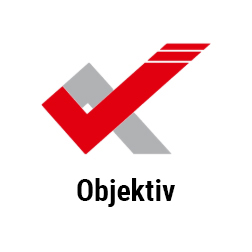 Rotes, stilisiertes Häkchen mit grauem Hintergrundelement, darunter der Schriftzug "Objektiv".