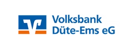 Logo der Volksbank Düte-Ems eG mit blauem und orangem Symbol und Text.